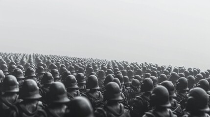 Obraz premium A vast army of soldiers in helmets stand in formation under a foggy sky