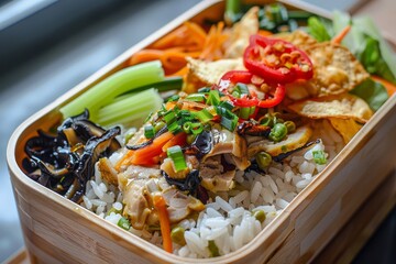 Lunch box with duck chips vegetable dish with black fungus lotus root celery carrots and red pepper slices