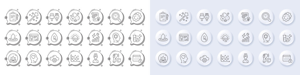 Vitamin k, No alcohol and Time management line icons. White pin 3d buttons, chat bubbles icons. Pack of Mental health, Cloud computing, Sunrise icon. Vector