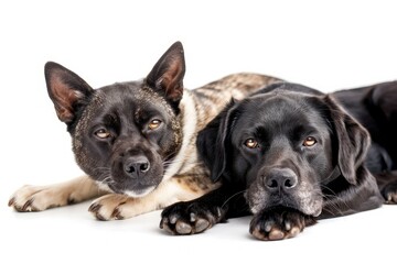 Cat and dog posing together on white background