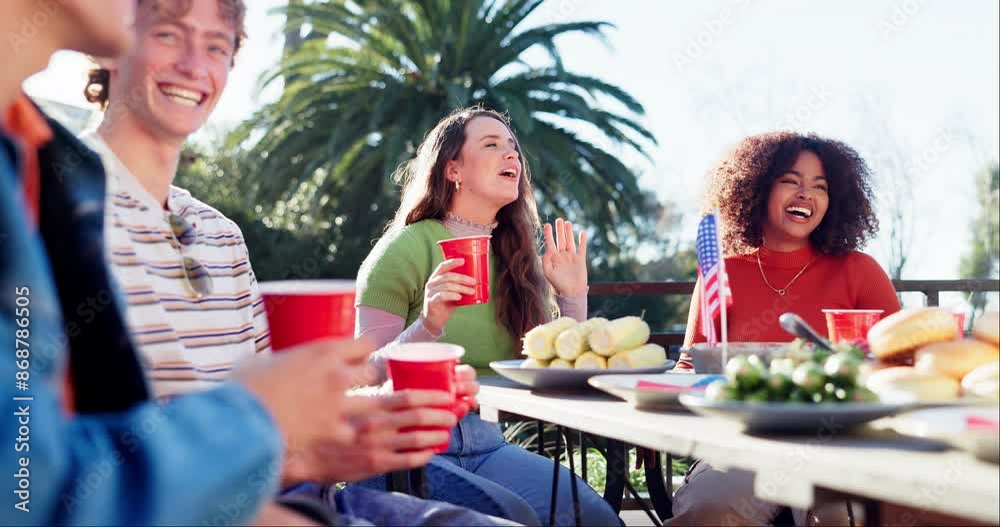 Sticker Friends, celebration and food on independence day or discussion, lunch and American flag for culture party. National holiday, tradition and USA country pride, people and meal for freedom conversation