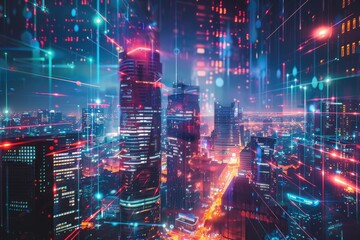 Obraz premium City skyline with digital metaverse wallpaper Cyberpunk and futuristic concept Double exposure