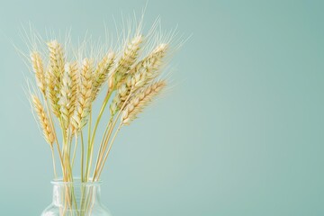 Obraz premium Close up of golden wheat ears in a glass vase on a pastel green and white background with natural li
