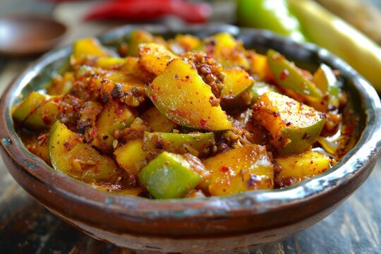 Mango pickle also known as aam ka achar made with raw green sliced mangoes mixed with mustard oil and spices