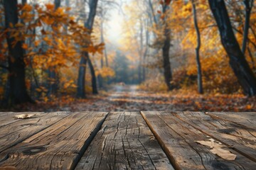 Empty wooden table for product display with blurred autumn forest background Energetic picture