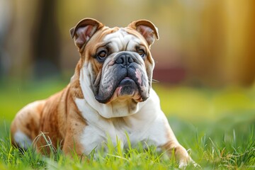 Fototapeta premium English bulldog sitting on grass
