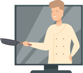Chef is hosting a virtual cooking class, holding a frying pan and demonstrating culinary skills on a computer screen