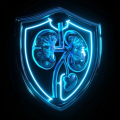 Fototapeta premium A glowing kidney in a shield represents the protection of human organs. The blue arrows symbolize medical science and health care, making it a perfect image for banners about health care concepts.