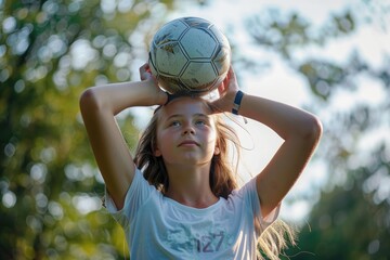 Female soccer player balancing ball on head