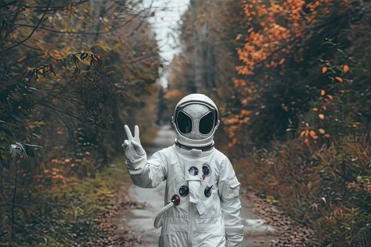 Female astronaut in alien mask giving peace sign on sidewalk