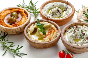 Mediterranean meze with hummus babaganoush harissa tzatziki on white background