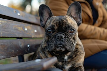 French bulldog sitting on bench with pensive owner Dog walks