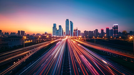 Obraz premium a captivating long-exposure photograph of a bustling cityscape during twilight. Vibrant light trails from moving traffic streak across the road, leading toward a skyline