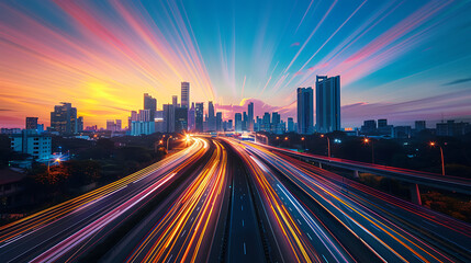 Fototapeta premium a captivating long-exposure photograph of a bustling cityscape during twilight. Vibrant light trails from moving traffic streak across the road, leading toward a skyline adorned with towering buildin