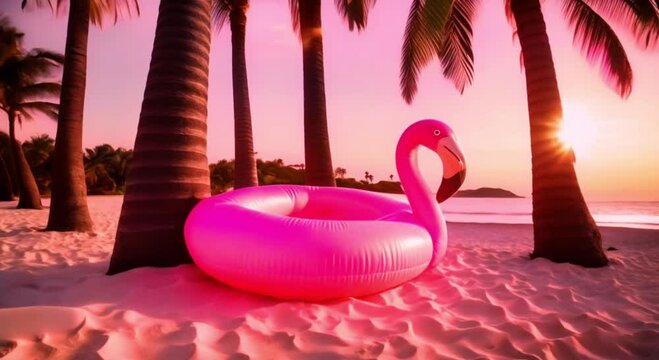 pink flamingo inflatable tube pool toy on the beach at sunset