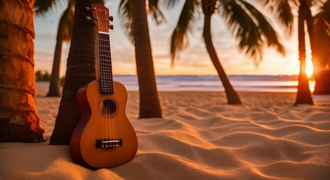 ukulele on the beach at sunset