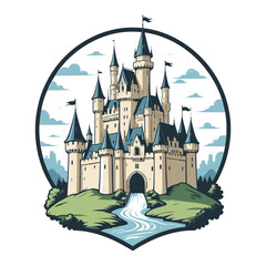 Obraz premium Fairy Tale Castle Badge Vintage Vector Illustration
