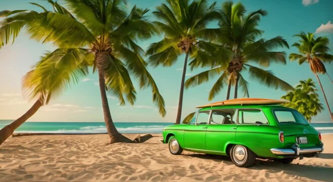 retro green car with surfboard under palm trees at the beach