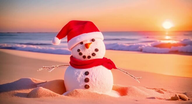 snowman wearing santa hat on the beach at sunset