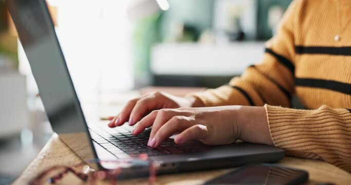 Woman, hands and copywriter with laptop in closeup typing for remote work in home office for planning company report. Female person, fingers and freelancer with computer for research proposal