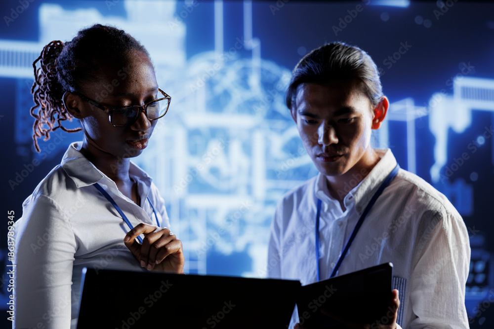 Poster african american admin and colleague doing maintenance on artificial intelligence neural networks si