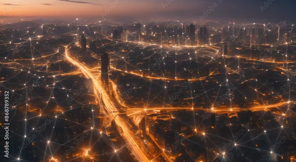 Sticker Panoramic view of a smart city at dusk illuminated by city lights and connected by a web of glowing network connections 4k animation