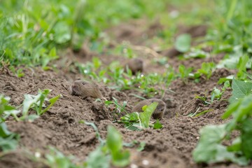 Molehills destroying garden field Mole burrows Rodent control