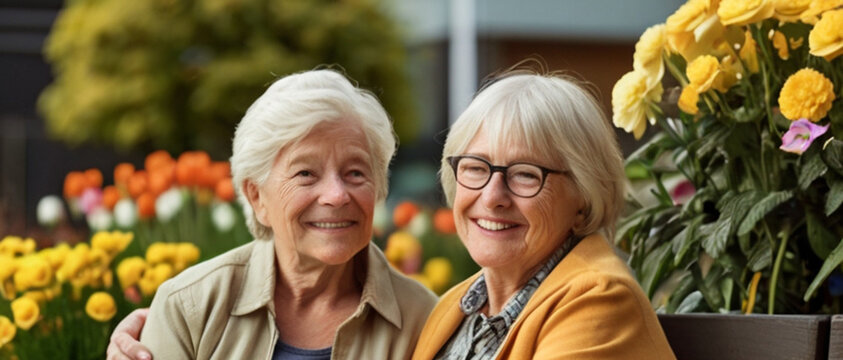 Close up portrait of two senior women sitting on the bench in garden surrounded with spring flowers in bloom, Mature female friendship which lasts year after year.