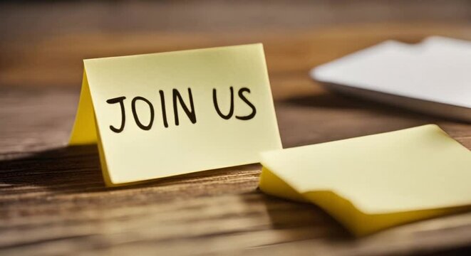 join us sticky note on wooden table