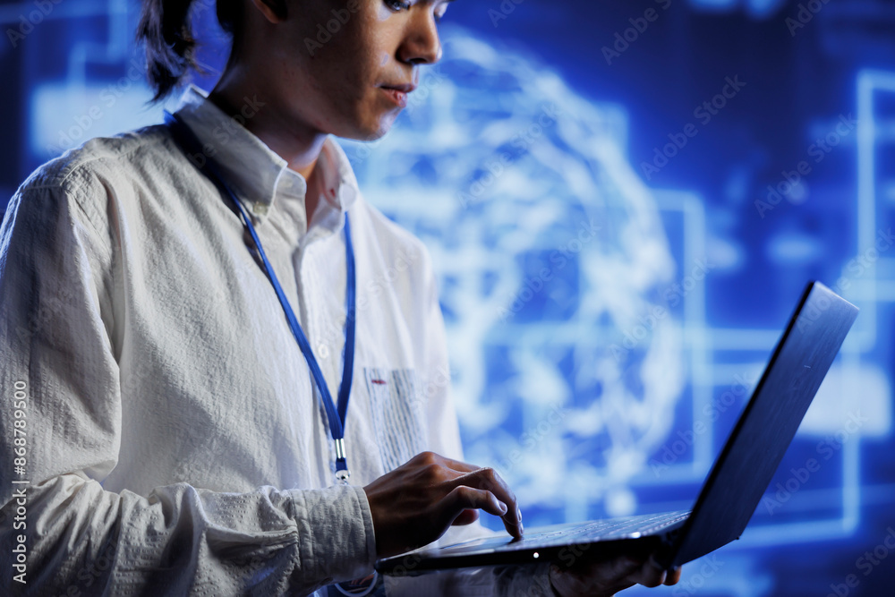 Fototapete system administrator using laptop to maintenance artificial intelligence neural networks simulating 