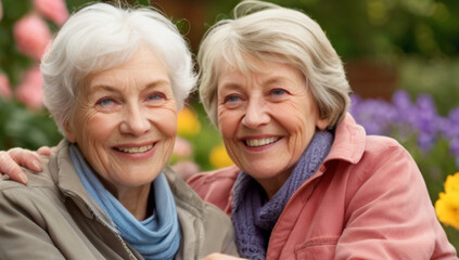 Close up portrait of two senior women sitting on the bench in garden surrounded with spring flowers in bloom, Mature female friendship which lasts year after year.