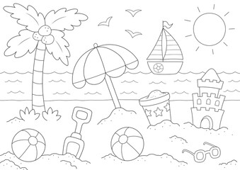 summer beach colouring page, print it on a4 paper.