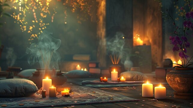 The image captures a cozy and inviting space dedicated to meditation and relaxation