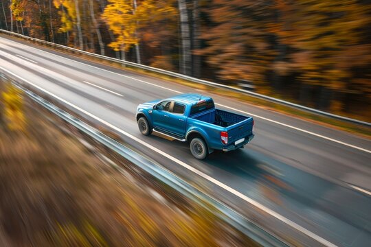 New blue truck drives on forest highway with blurry cars
