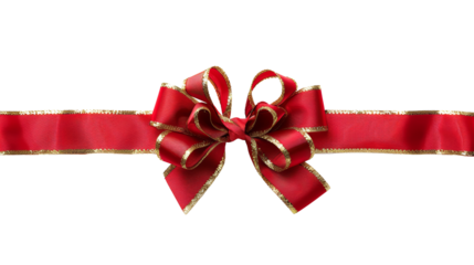 Red decorative ribbon with bow with gold edges isolated on transparent background, PNG with transparent background  