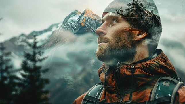 Portrait of a man with a mountain trail, blending adventure and nature in double exposure