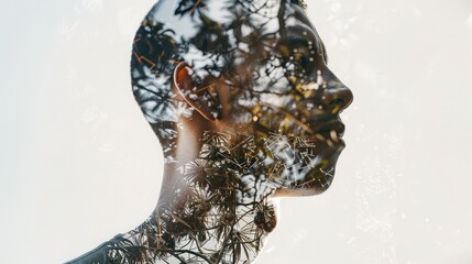 Portrait of a man with geometric patterns and nature, merging structure and organic elements in double exposure