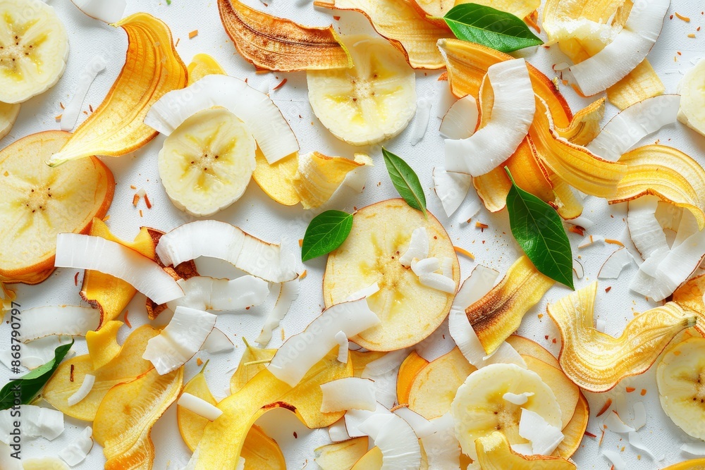 Sticker Organic dehydrated fruit chips on white surface Top view showcasing banana apple and coconut