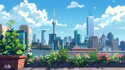Urban skyline from a rooftop garden illustration