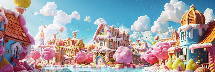Town, all made of marshmallows, cute, cartoonish, colorful