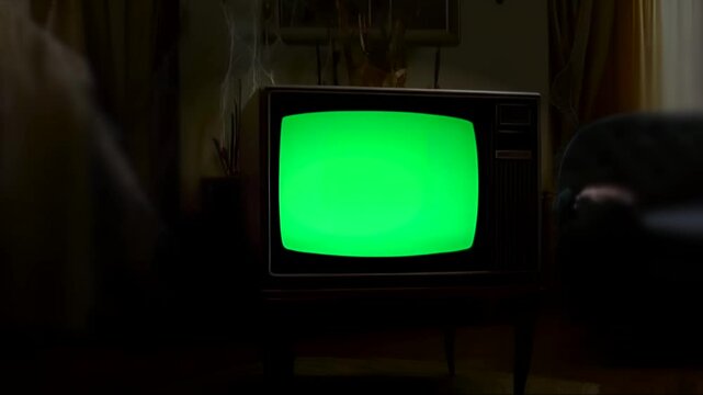 Vintage TV with flicking green screen and panning effect