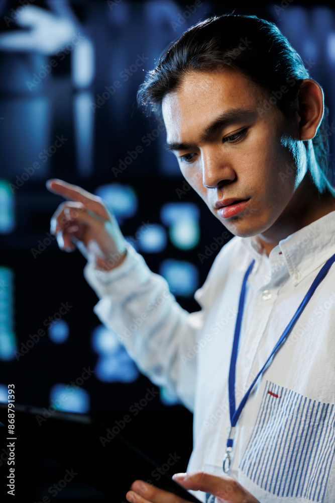 Poster tech support worker between server cabinets electronics providing processing resources for companies