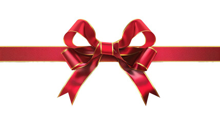 Red ribbon and bow with gold edging isolated on transparent background, PNG with transparent background  