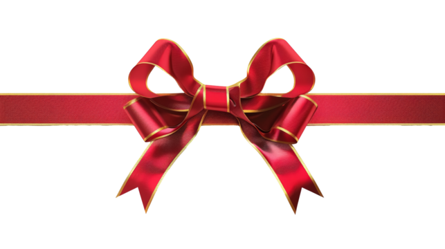 Red ribbon and bow with gold edging isolated on transparent background, PNG with transparent background  