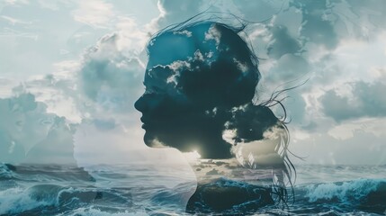 Fototapeta premium Silhouette of a person with stormy seas, capturing drama and nature in double exposure design