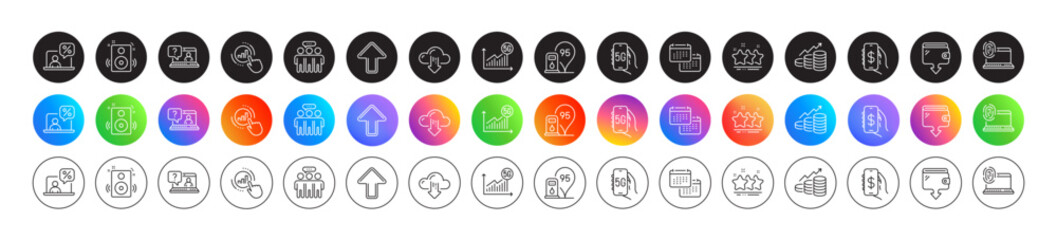 Employees group, Upload and 5g statistics line icons. Round icon gradient buttons. Pack of Computer fingerprint, Online tax, Graph chart icon. Cloud download, Stars, Petrol station pictogram. Vector