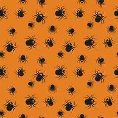 Small black spiders isolated on an orange background. Cute seamless pattern. Vector simple flat graphic illustration. Texture.