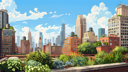 Fototapeta premium Urban skyline from a rooftop garden illustration