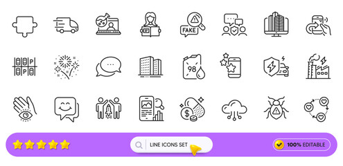 Puzzle, Smile face and Best app line icons for web app. Pack of Share call, Enterprise, Software bug pictogram icons. Medicine price, Cloud computing, Dots message signs. Search bar. Vector