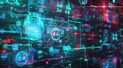 Tech-inspired background with holographic displays and communication symbols.